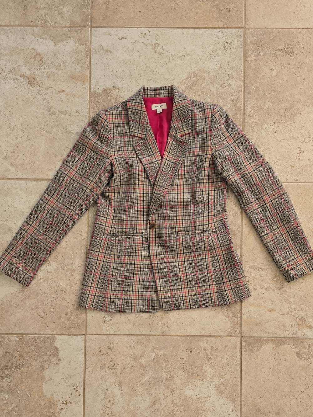 ON 34th XS Pink-Accented Plaid Blazer